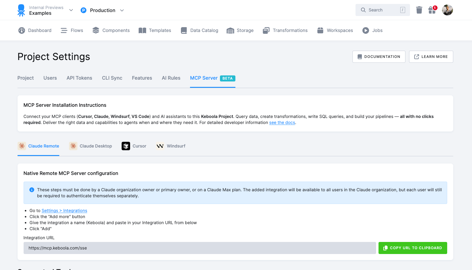 The MCP Server tab in Keboola project settings, showing the integration URL and per-client instructions